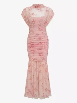 Robe de soirée longue abricot clair col montant plissée manches courtes imprimée