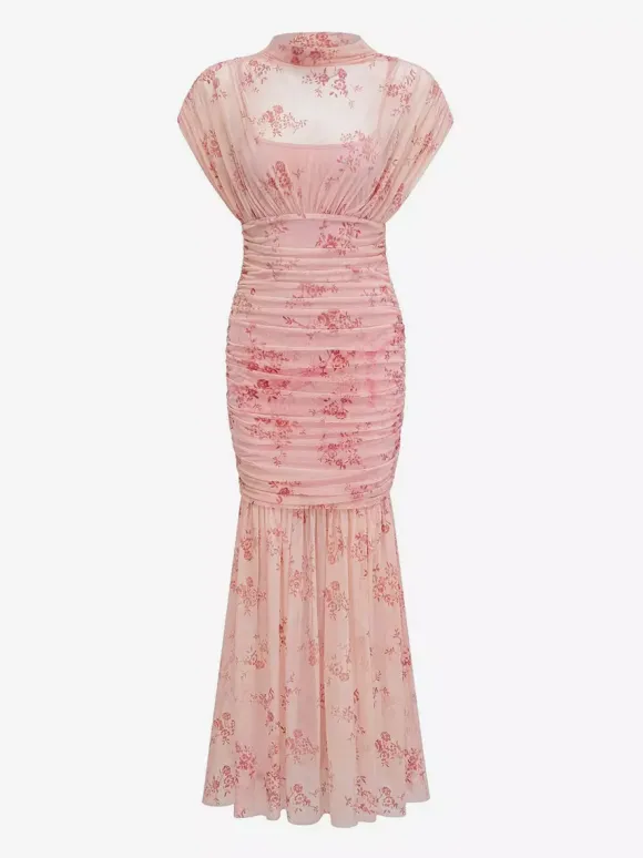 Robe de soirée longue abricot clair col montant plissée manches courtes imprimée