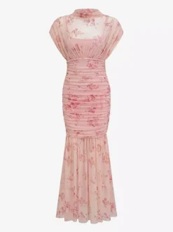 Robe de soirée longue abricot clair col montant plissée manches courtes imprimée