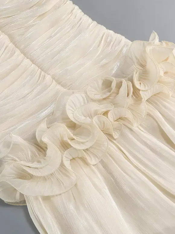 Robe de soirée longue abricot sans bretelles dos nu chic et semi-formelle