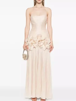 Robe de soirée longue abricot sans bretelles dos nu chic et semi-formelle