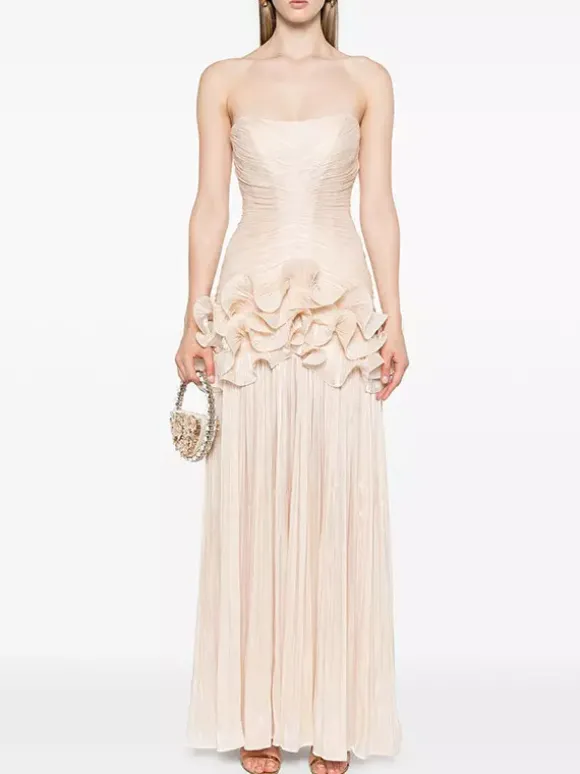Robe de soirée longue abricot sans bretelles dos nu chic et semi-formelle