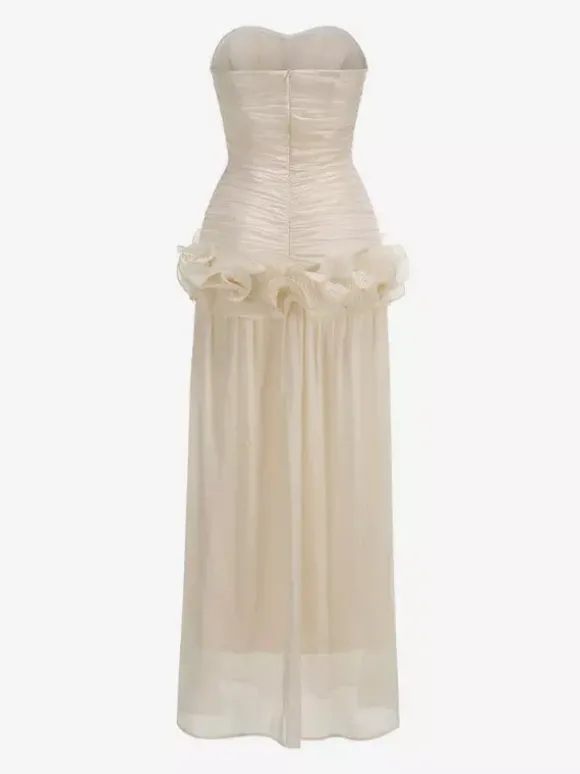Robe de soirée longue abricot sans bretelles dos nu chic et semi-formelle