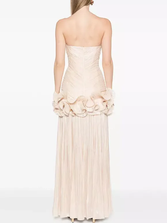 Robe de soirée longue abricot sans bretelles dos nu chic et semi-formelle