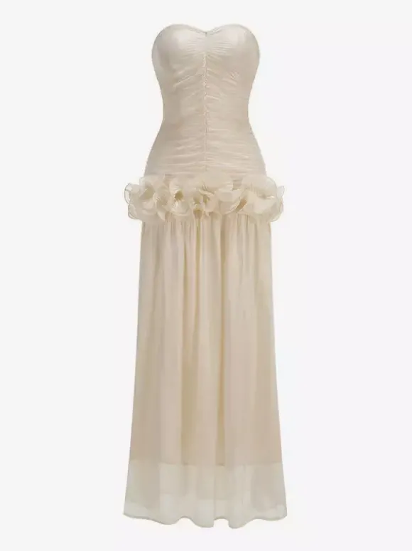 Robe de soirée longue abricot sans bretelles dos nu chic et semi-formelle