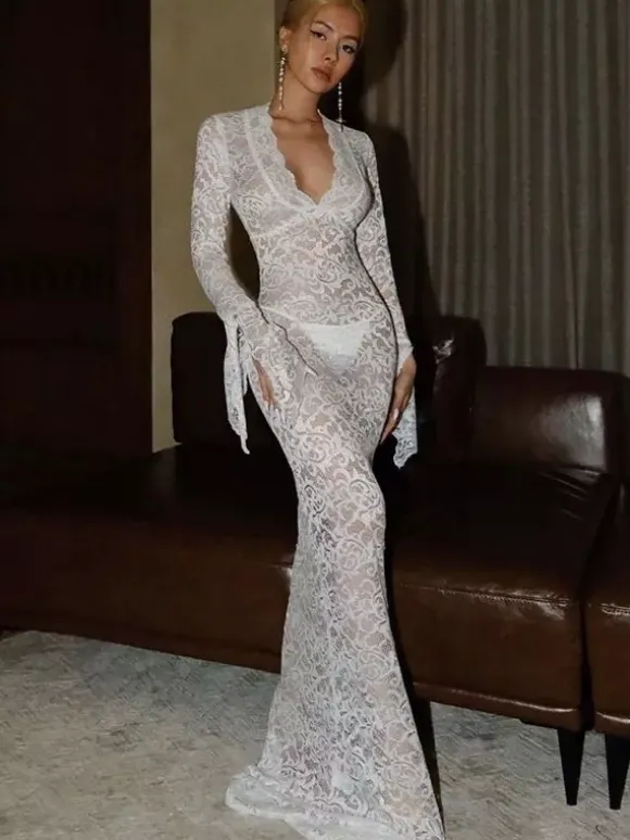 Robe de soirée longue blanche en dentelle à col en V et manches longues transparente sexy et semi-formelle