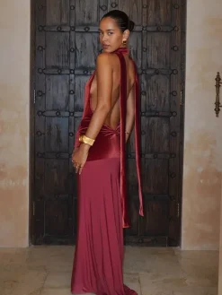Robe de soirée longue bordeaux à col V sans manches sexy et semi-formelle