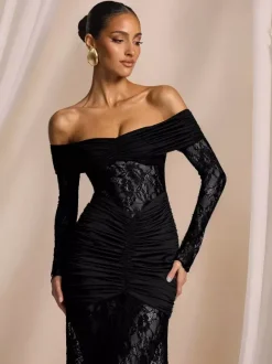 Robe de soirée longue bordeaux à épaules dénudées en dentelle manches longues style semi-formel sexy