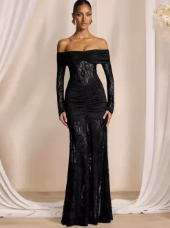 Robe de soirée longue bordeaux à épaules dénudées en dentelle manches longues style semi-formel sexy