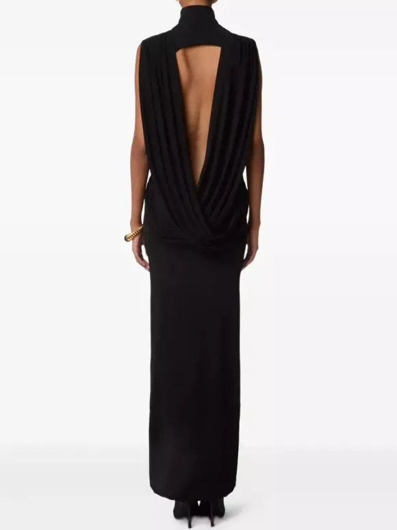 Robe de soirée longue bronze à col montant sans manches coupe moulante et sexy semi-formelle