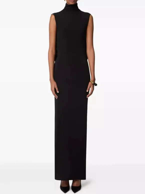 Robe de soirée longue bronze à col montant sans manches coupe moulante et sexy semi-formelle