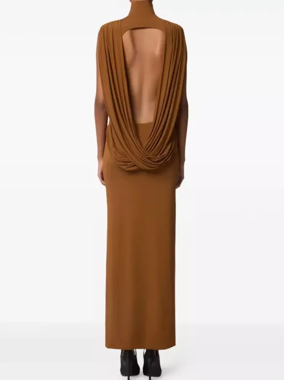Robe de soirée longue bronze à col montant sans manches coupe moulante et sexy semi-formelle