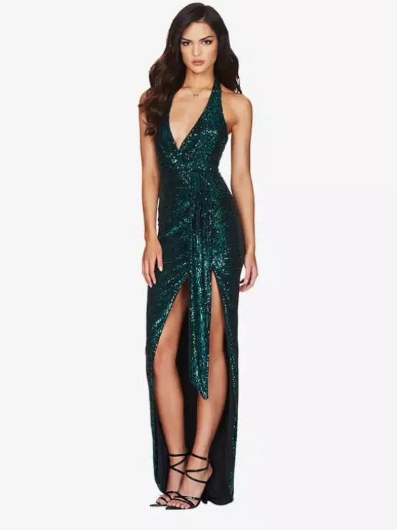 Robe de soirée longue champagne dos nu col V en dentelle fente haute sans manches robe sexy semi-formelle