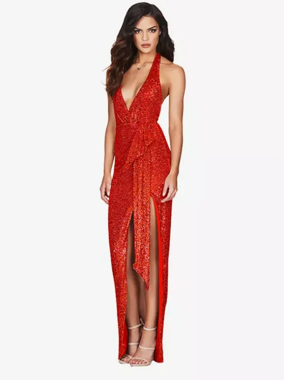 Robe de soirée longue champagne dos nu col V en dentelle fente haute sans manches robe sexy semi-formelle