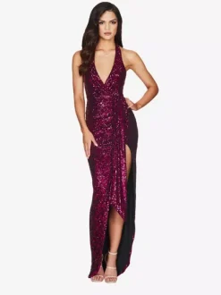 Robe de soirée longue champagne dos nu col V en dentelle fente haute sans manches robe sexy semi-formelle