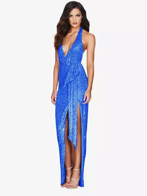 Robe de soirée longue champagne dos nu col V en dentelle fente haute sans manches robe sexy semi-formelle