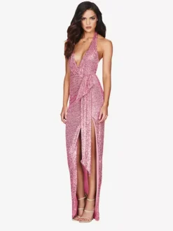 Robe de soirée longue champagne dos nu col V en dentelle fente haute sans manches robe sexy semi-formelle