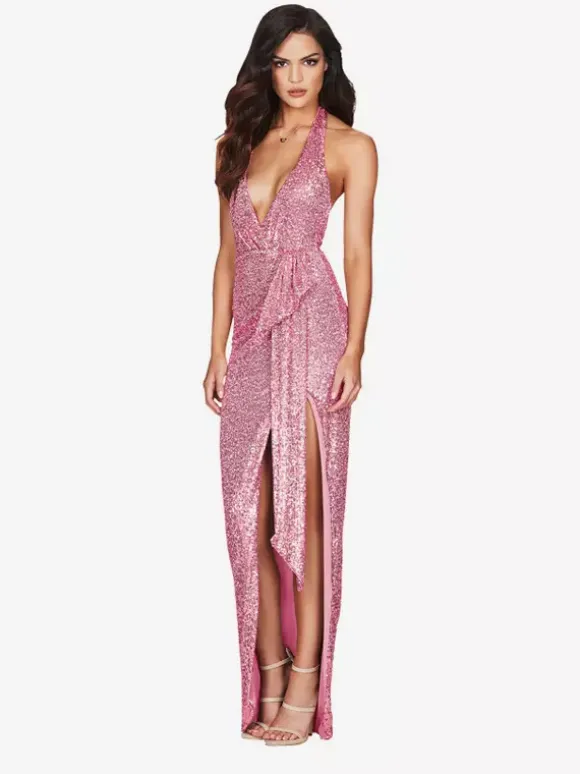 Robe de soirée longue champagne dos nu col V en dentelle fente haute sans manches robe sexy semi-formelle