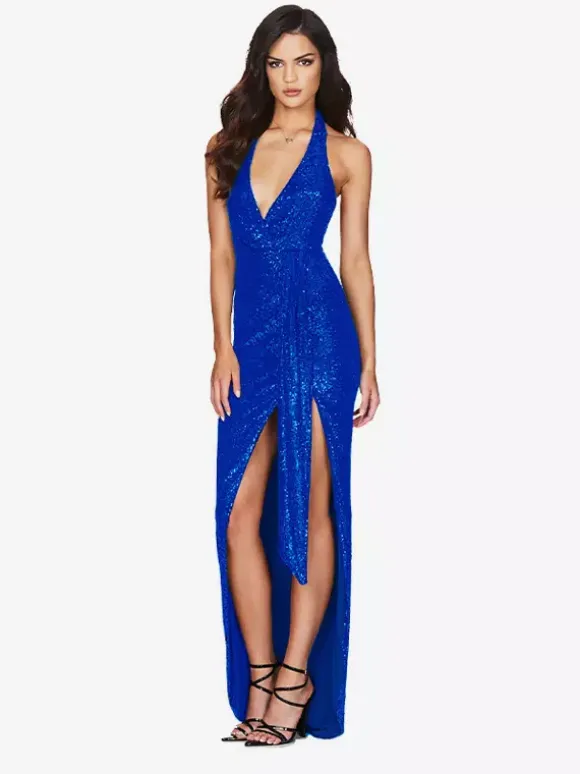 Robe de soirée longue champagne dos nu col V en dentelle fente haute sans manches robe sexy semi-formelle