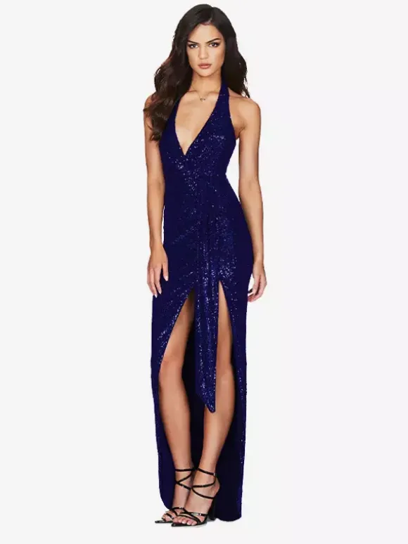 Robe de soirée longue champagne dos nu col V en dentelle fente haute sans manches robe sexy semi-formelle