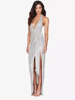 Robe de soirée longue champagne dos nu col V en dentelle fente haute sans manches robe sexy semi-formelle
