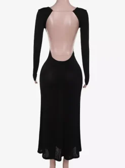 Robe de soirée longue dos nu à manches longues et col ras du cou pour femme 2026