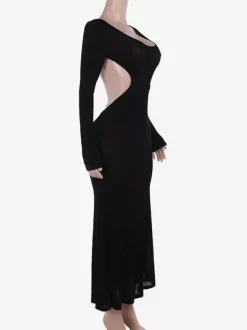 Robe de soirée longue dos nu à manches longues et col ras du cou pour femme 2026