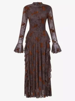 Robe de soirée longue marron foncé à col montant et manches longues évasées imprimé floral.