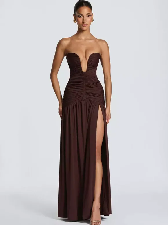 Robe de soirée longue marron café dos nu fermeture éclair sans manches élégante et semi-formelle