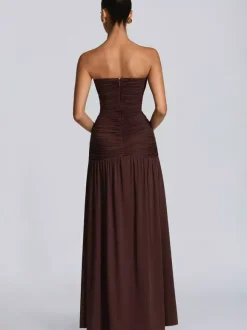 Robe de soirée longue marron café dos nu fermeture éclair sans manches élégante et semi-formelle