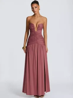 Robe de soirée longue marron café dos nu fermeture éclair sans manches élégante et semi-formelle
