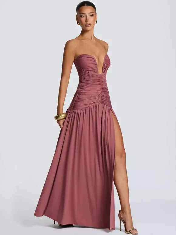Robe de soirée longue marron café dos nu fermeture éclair sans manches élégante et semi-formelle