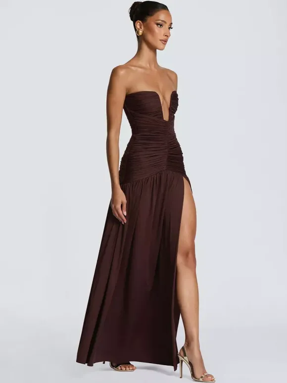 Robe de soirée longue marron café dos nu fermeture éclair sans manches élégante et semi-formelle