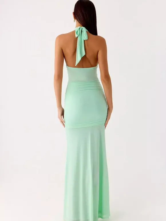 Robe de soirée longue marron café col en V sans manches sexy semi-formelle
