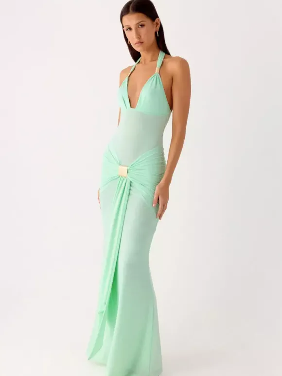 Robe de soirée longue marron café col en V sans manches sexy semi-formelle