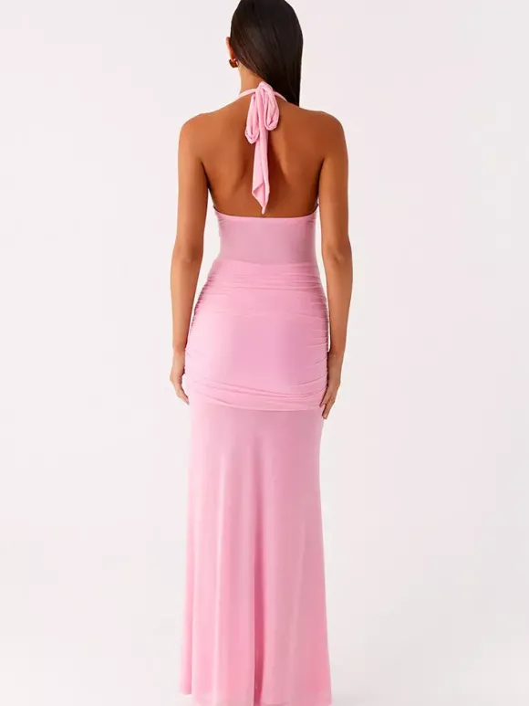 Robe de soirée longue marron café col en V sans manches sexy semi-formelle