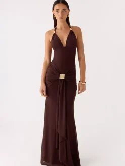 Robe de soirée longue marron café col en V sans manches sexy semi-formelle