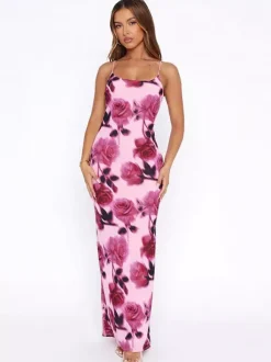Robe de soirée longue rose à bretelles sans manches imprimée style décontracté/semi-formel