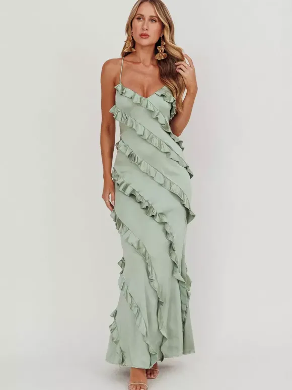 Robe de soirée longue rose à bretelles et volants au col sans manches style décontracté/semi-formel idéale pour l'été.