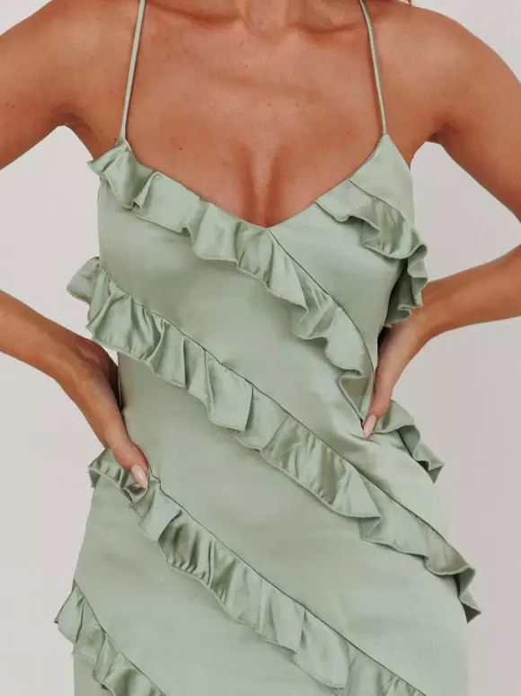 Robe de soirée longue rose à bretelles et volants au col sans manches style décontracté/semi-formel idéale pour l'été.
