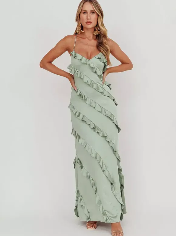 Robe de soirée longue rose à bretelles et volants au col sans manches style décontracté/semi-formel idéale pour l'été.