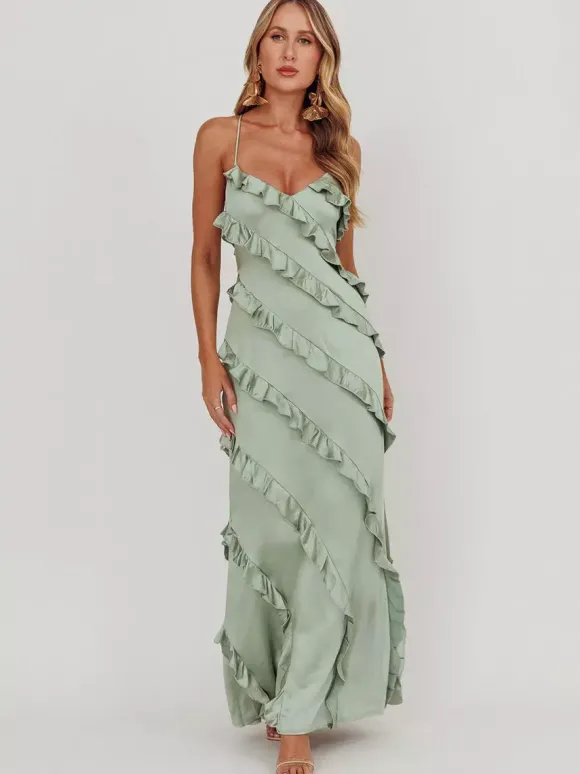 Robe de soirée longue rose à bretelles et volants au col sans manches style décontracté/semi-formel idéale pour l'été.