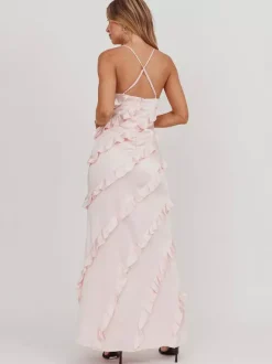 Robe de soirée longue rose à bretelles et volants au col sans manches style décontracté/semi-formel idéale pour l'été.
