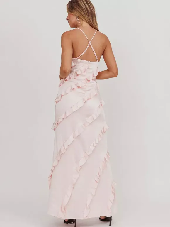 Robe de soirée longue rose à bretelles et volants au col sans manches style décontracté/semi-formel idéale pour l'été.