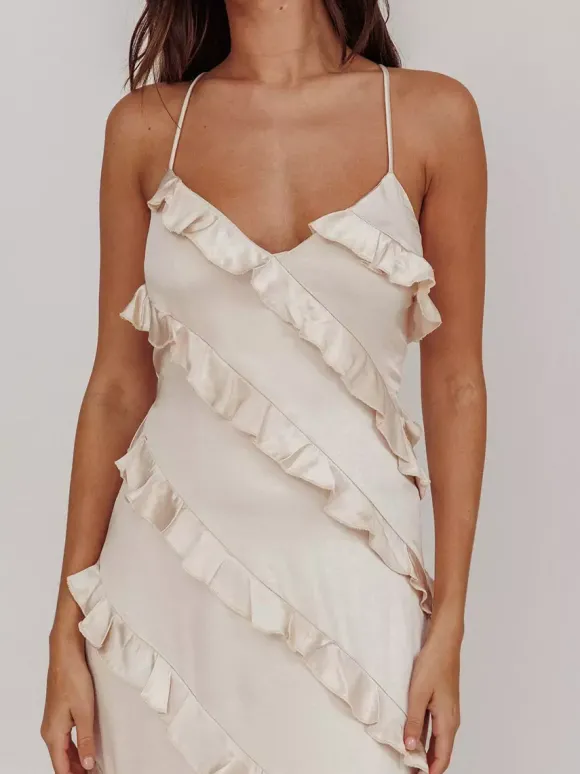 Robe de soirée longue rose à bretelles et volants au col sans manches style décontracté/semi-formel idéale pour l'été.