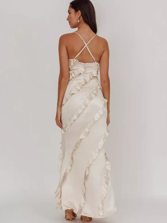 Robe de soirée longue rose à bretelles et volants au col sans manches style décontracté/semi-formel idéale pour l'été.