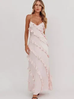 Robe de soirée longue rose à bretelles et volants au col sans manches style décontracté/semi-formel idéale pour l'été.