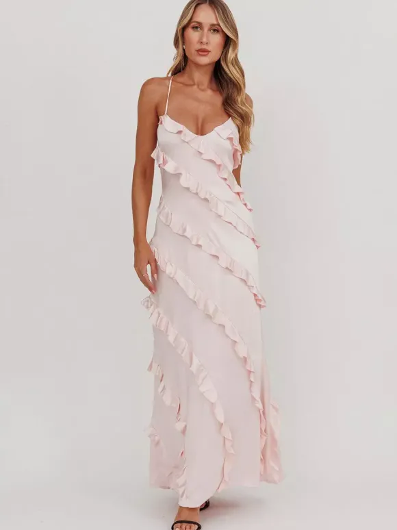 Robe de soirée longue rose à bretelles et volants au col sans manches style décontracté/semi-formel idéale pour l'été.