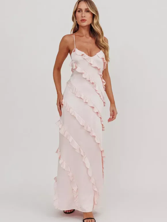 Robe de soirée longue rose à bretelles et volants au col sans manches style décontracté/semi-formel idéale pour l'été.