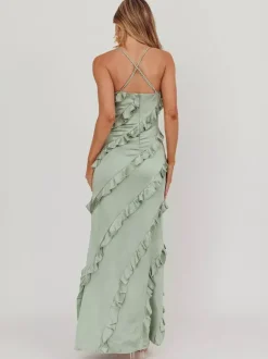 Robe de soirée longue rose à bretelles et volants au col sans manches style décontracté/semi-formel idéale pour l'été.